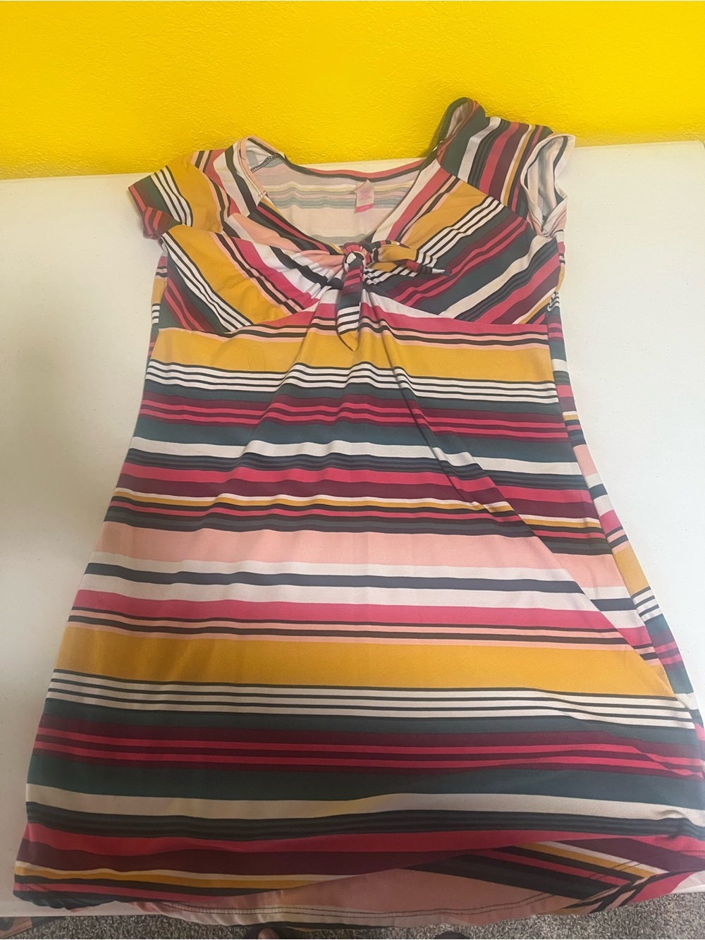 No Boundaries Multistripe Tie-Front Midi Dress in Pink, Yellow, Black & Cream